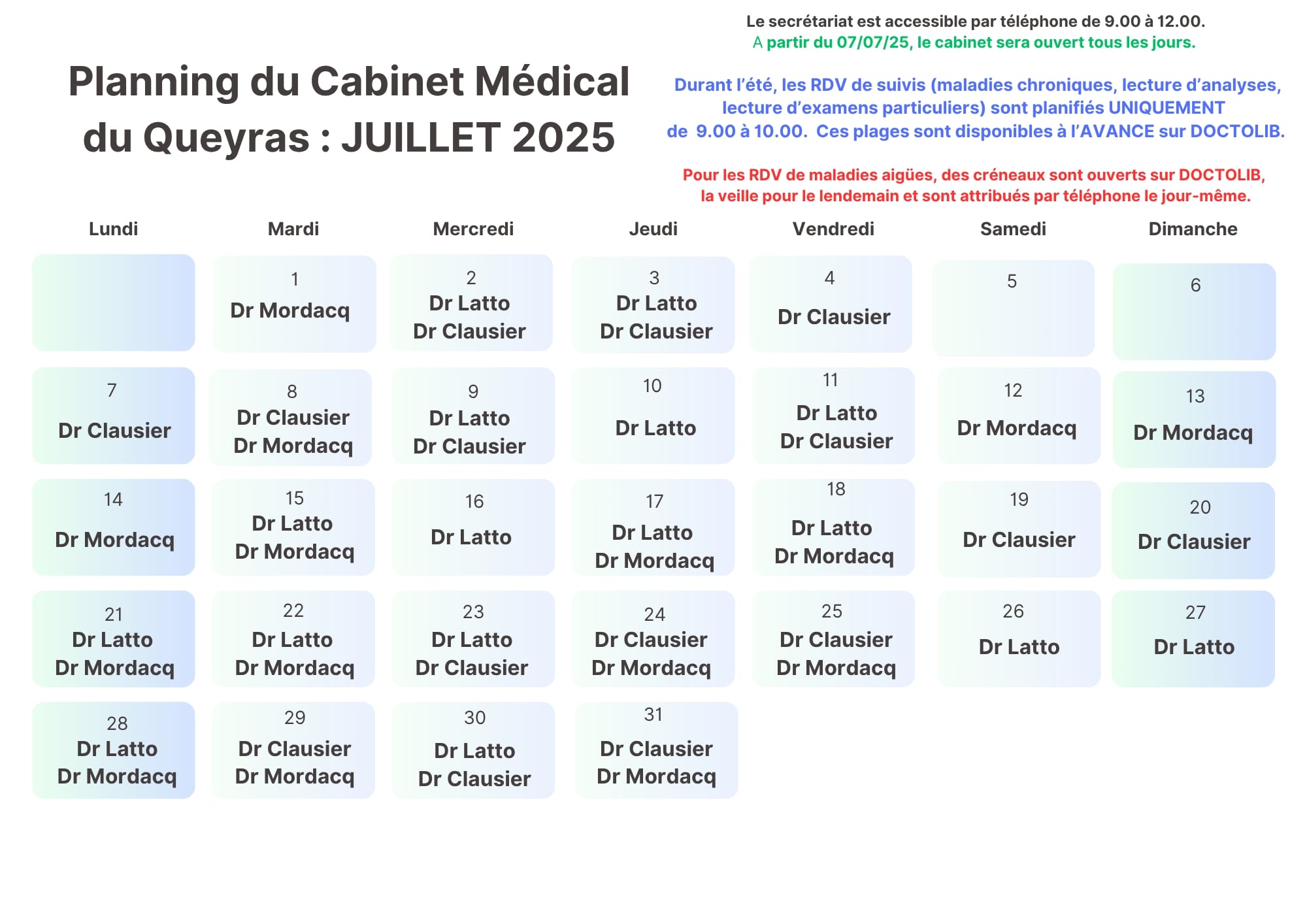 planning cabinet medical juillet